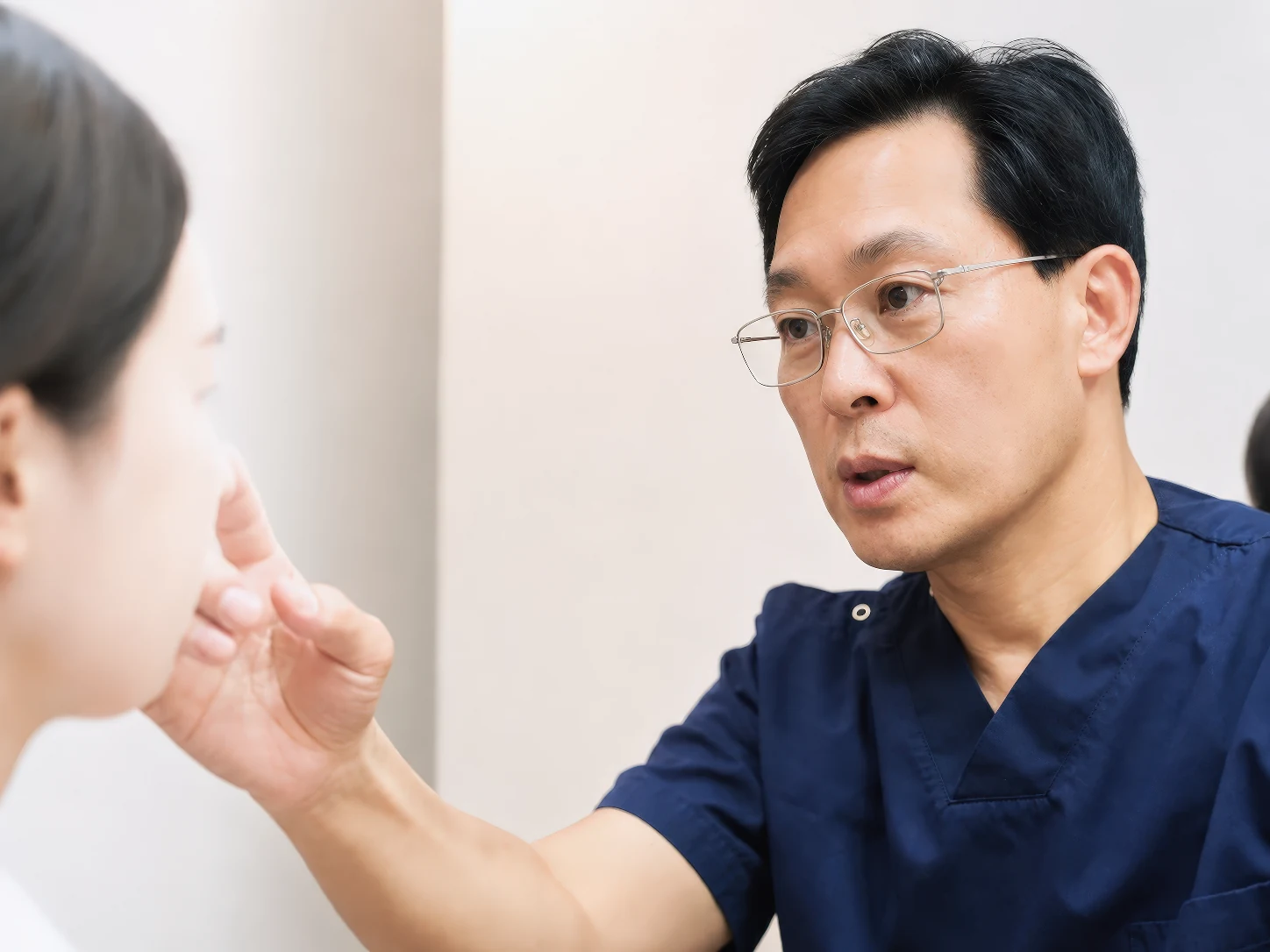 네이비 진료복을 입고 상담 중 치료 계획을 설명하는 이학수 원장